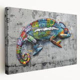Vibrant chameleon wall art design on stretched canvas showcasing intricate details and vivid colors, perfect for reptile enthusiasts and home decor.