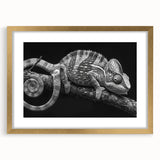 Chameleon-themed wall art framed in a gold mat, showcasing vibrant colors and intricate design details, perfect for reptile enthusiasts and modern decor.