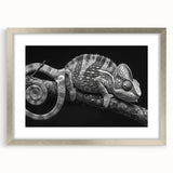 Chameleon-themed wall art framed in a sleek silver design, showcasing vibrant colors and intricate details, perfect for enhancing modern decor. Ideal for reptile lovers.