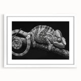 Charming chameleon wall art framed in white, showcasing vibrant colors and intricate details, perfect for reptile lovers and home decor enthusiasts.