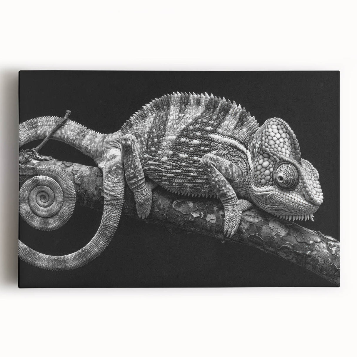 Vibrant chameleon design on stretched canvas wall art, showcasing intricate colors and patterns, perfect for enhancing modern home decor and reptile enthusiasts’ spaces.