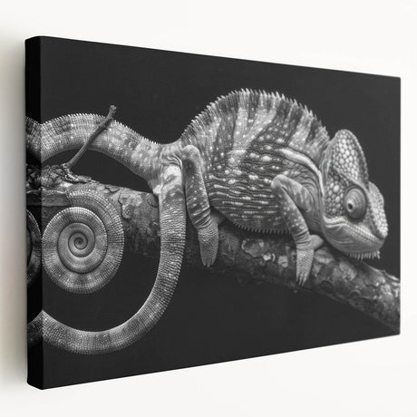 Chameleon-themed wall art on stretched canvas, showcasing vibrant colors and intricate details, perfect for reptile enthusiasts and home decor.