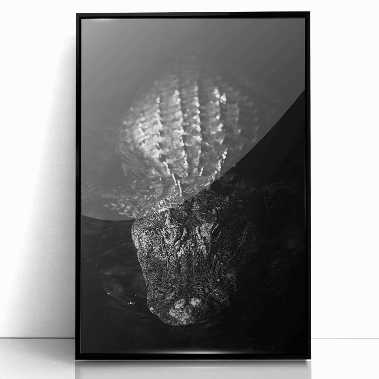 Framed acrylic wall art showcasing a vibrant reptile design featuring alligators and crocodiles, with a sleek black frame, perfect for enhancing any decor.