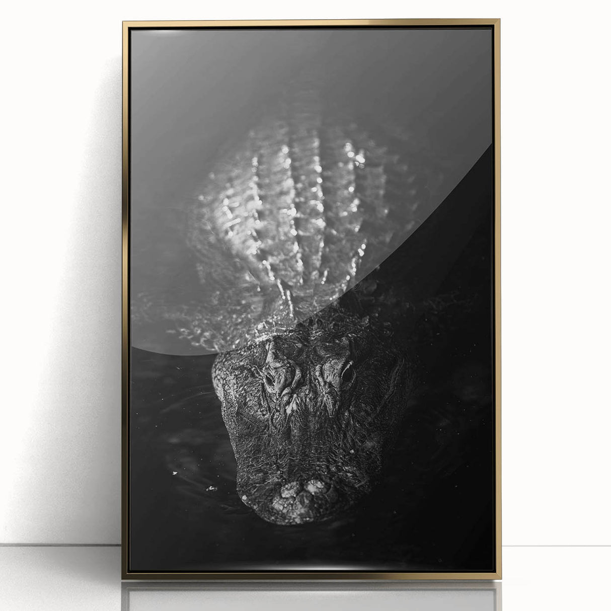Framed wall art featuring a vibrant design of reptiles, including alligators and crocodiles, set against a stylish gold background, perfect for animal lovers.