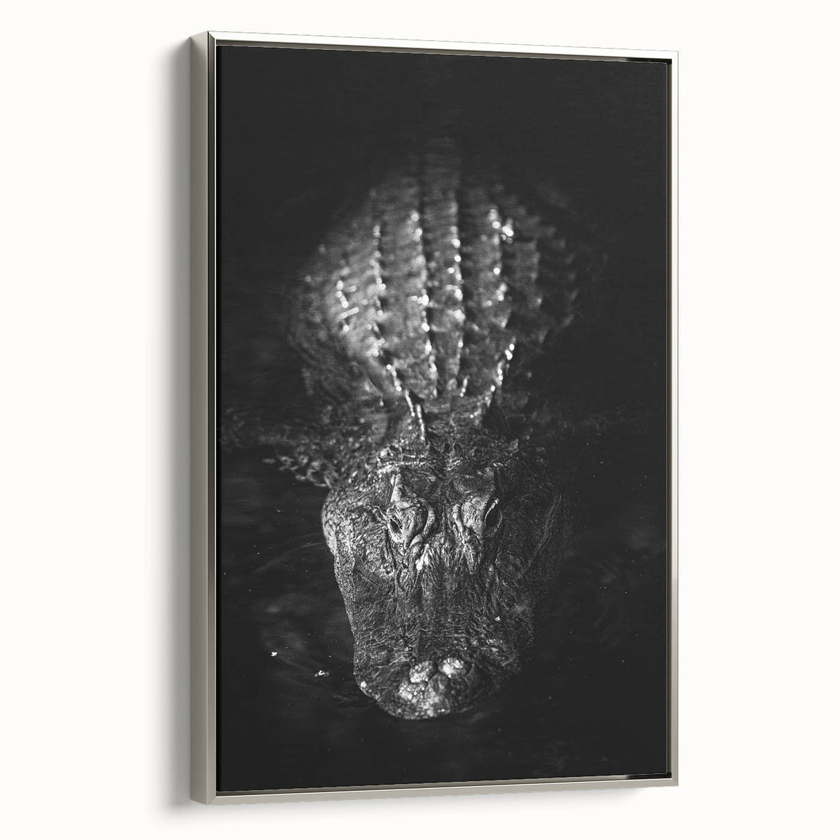 Framed canvas wall art showcasing a detailed design of reptiles, including alligators and crocodiles, set against a silver background, perfect for wildlife enthusiasts.