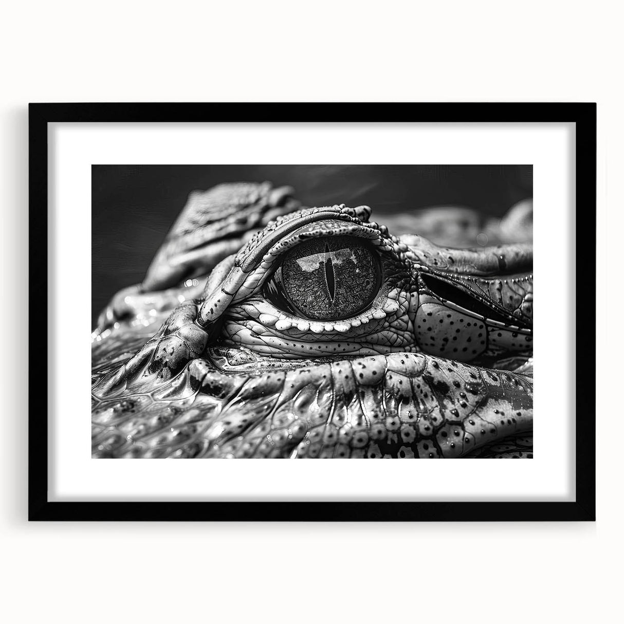 Framed wall art featuring a stunning reptile design showcasing alligators and crocodiles, presented in a sleek black frame with a white mat for a modern touch. Ideal for nature enthusiasts and wildlife decor.