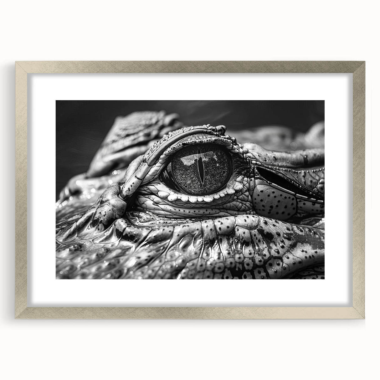 Framed wall art featuring a detailed design of reptiles, including alligators and crocodiles, displayed in a sleek silver frame with a mat, perfect for wildlife enthusiasts.