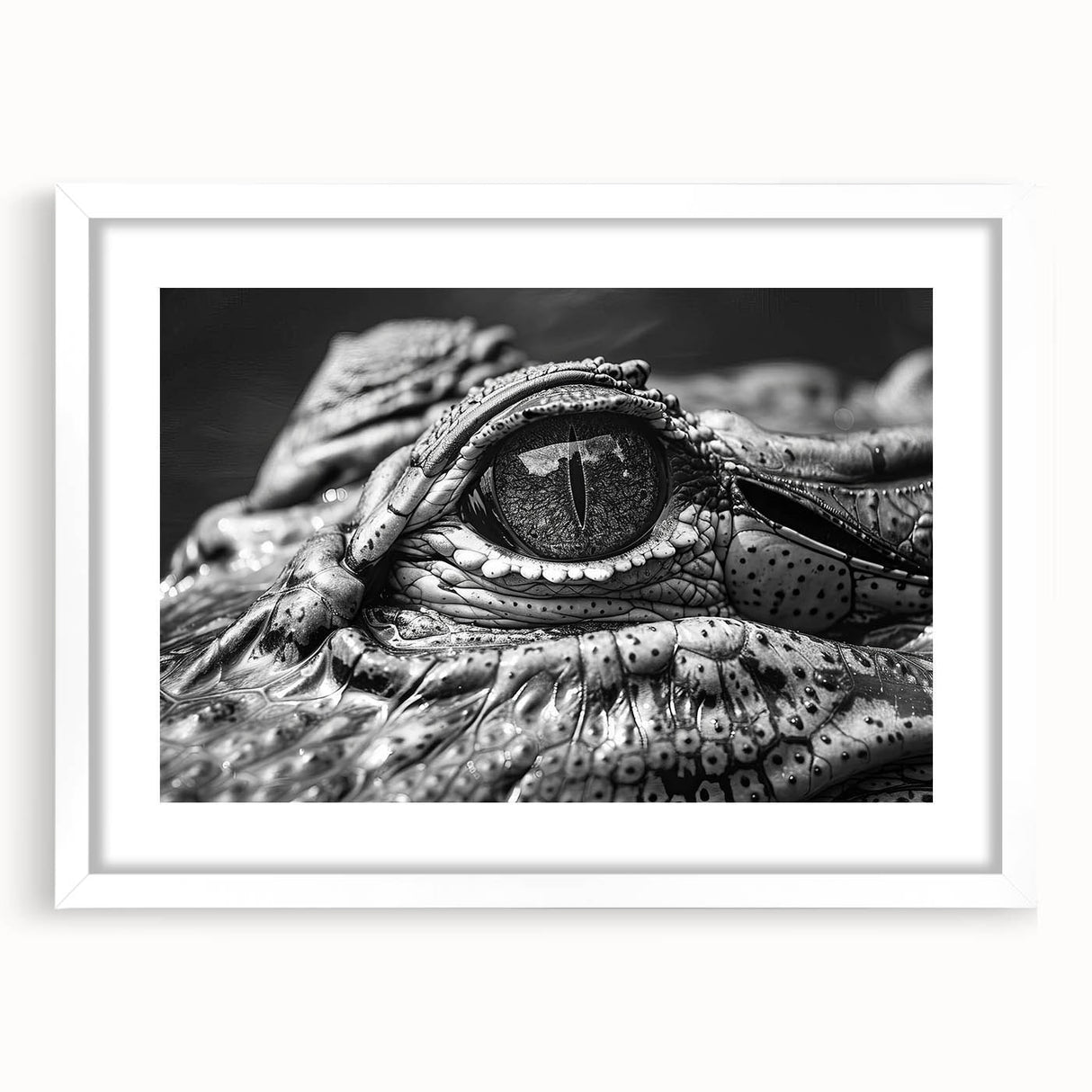 Framed wall art featuring a vibrant reptile design of alligators and crocodiles, complete with a white mat, perfect for enhancing any nature-themed decor.