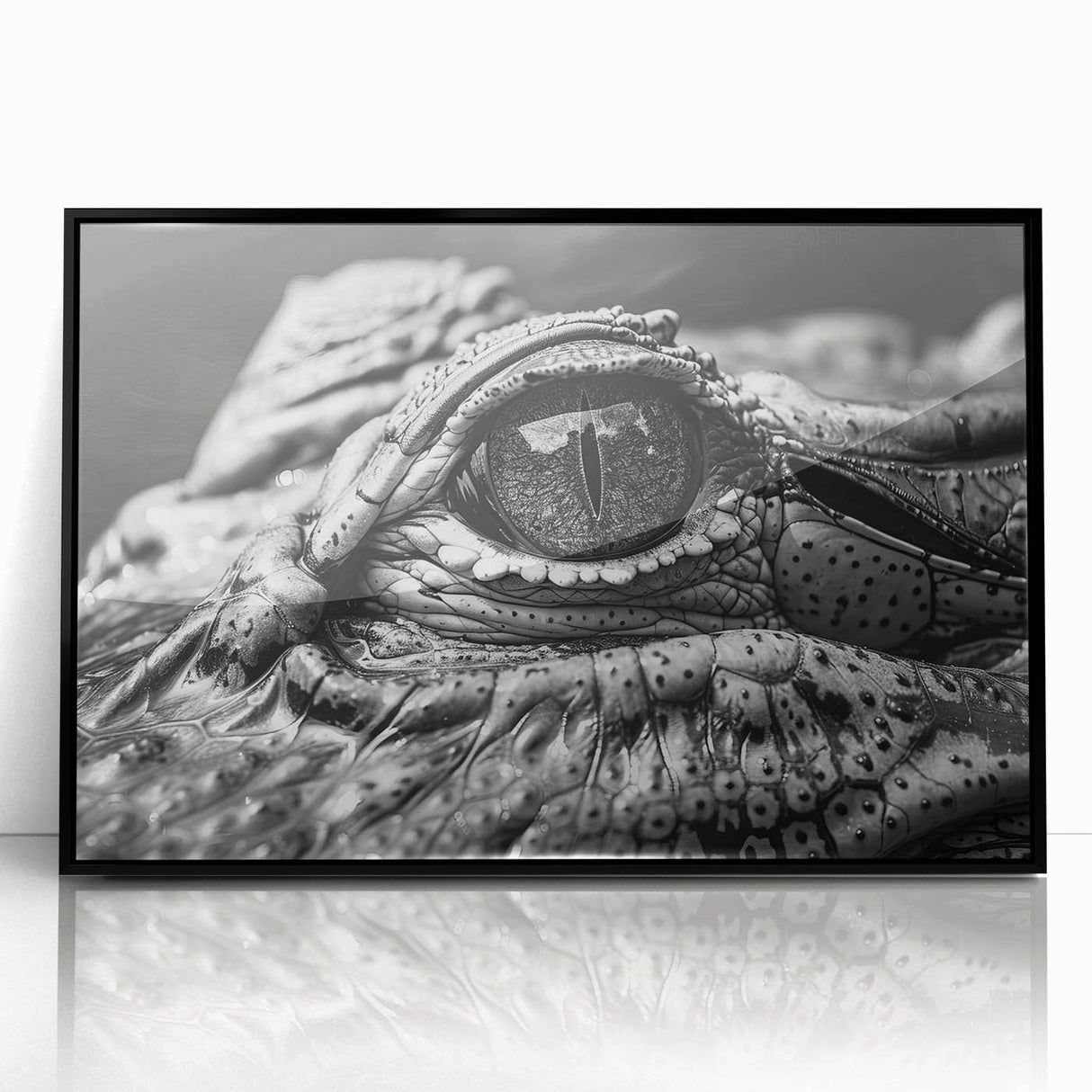 Framed acrylic wall art depicting a vibrant reptile design featuring alligators and crocodiles, set against a sleek black background, perfect for wildlife enthusiasts.