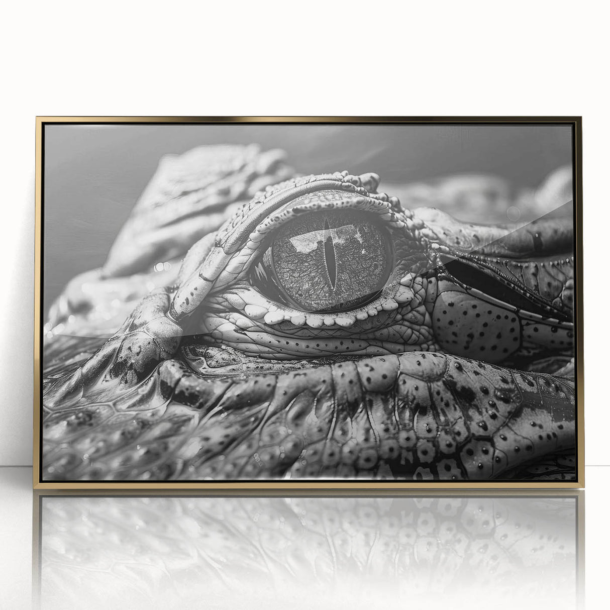 Framed wall art featuring an intricate design of reptiles, including alligators and crocodiles, showcased in a gold frame with an acrylic front, perfect for nature enthusiasts.