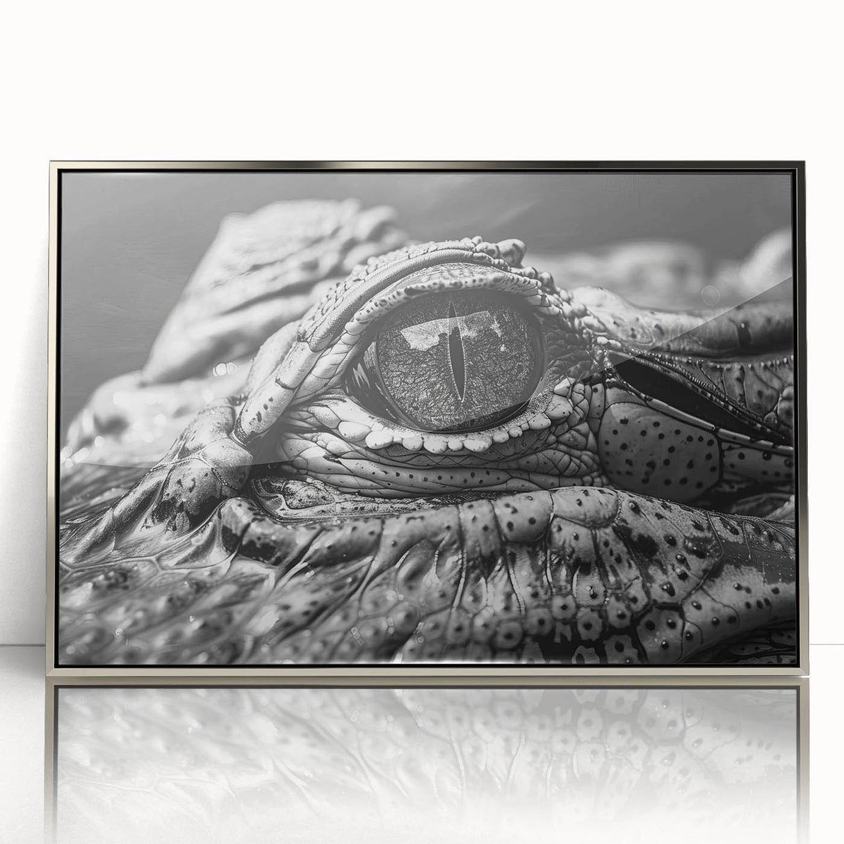 Framed acrylic wall art featuring a vibrant design of reptiles, alligators, and crocodiles in a silver frame, perfect for wildlife-themed decor.