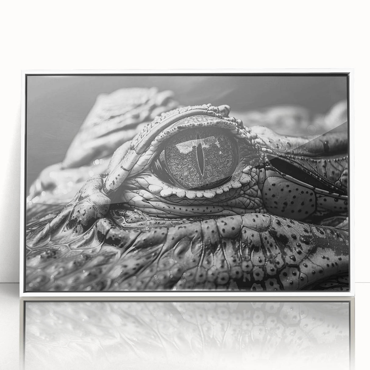 Framed acrylic wall art showcasing a vibrant design of reptiles, including gators and crocodiles, set against a white background, perfect for wildlife enthusiasts.