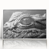 Framed acrylic wall art showcasing a vibrant design of reptiles, including gators and crocodiles, set against a white background, perfect for wildlife enthusiasts.
