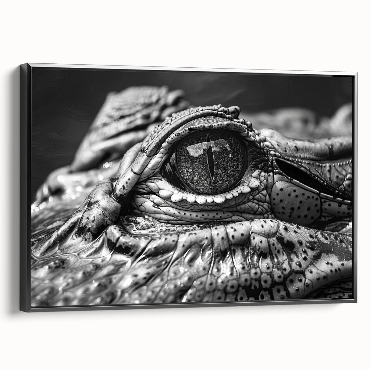 Framed canvas wall art depicting a stylized design of reptiles, specifically gators and crocodiles, in vibrant colors. The artwork is set against a sleek black background, enhancing its striking visual appeal. Ideal for reptile enthusiasts and home decor.
