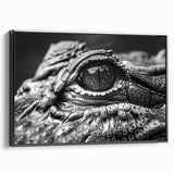 Framed canvas wall art depicting a stylized design of reptiles, specifically gators and crocodiles, in vibrant colors. The artwork is set against a sleek black background, enhancing its striking visual appeal. Ideal for reptile enthusiasts and home decor.