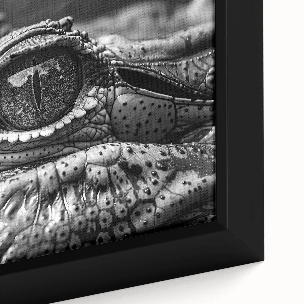Close-up of framed wall art showcasing a vibrant design of gators and crocodiles, featuring intricate details and a lush green background, perfect for reptile enthusiasts.