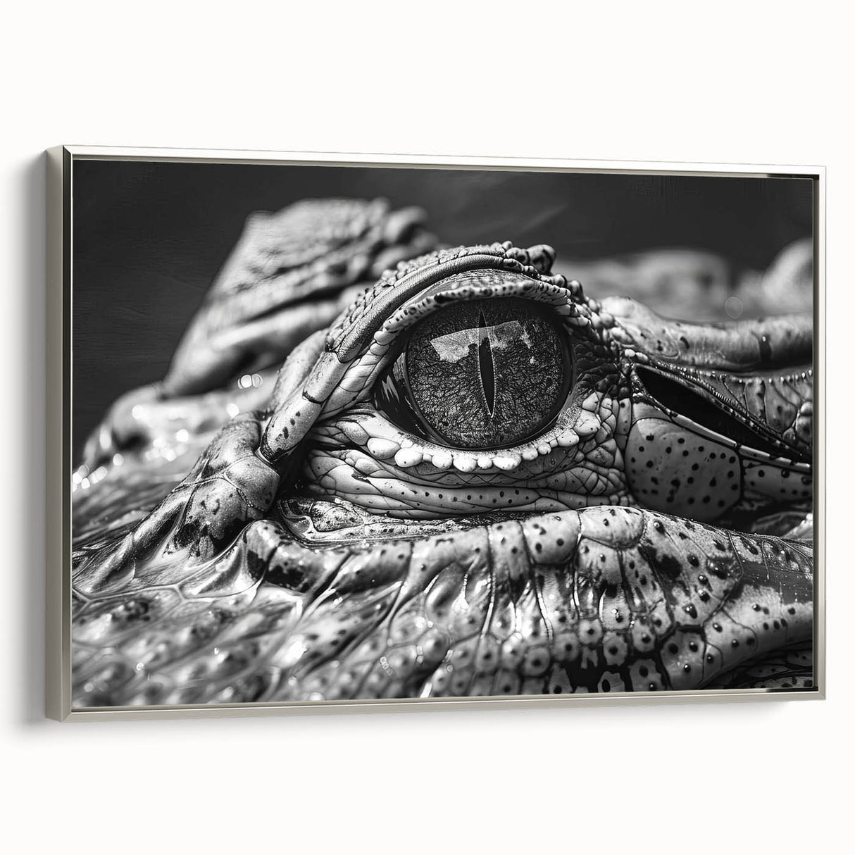 Framed wall art showcasing a vibrant reptile design featuring alligators and crocodiles, with a silver frame enhancing its modern aesthetic. Perfect for animal lovers and home decor enthusiasts.