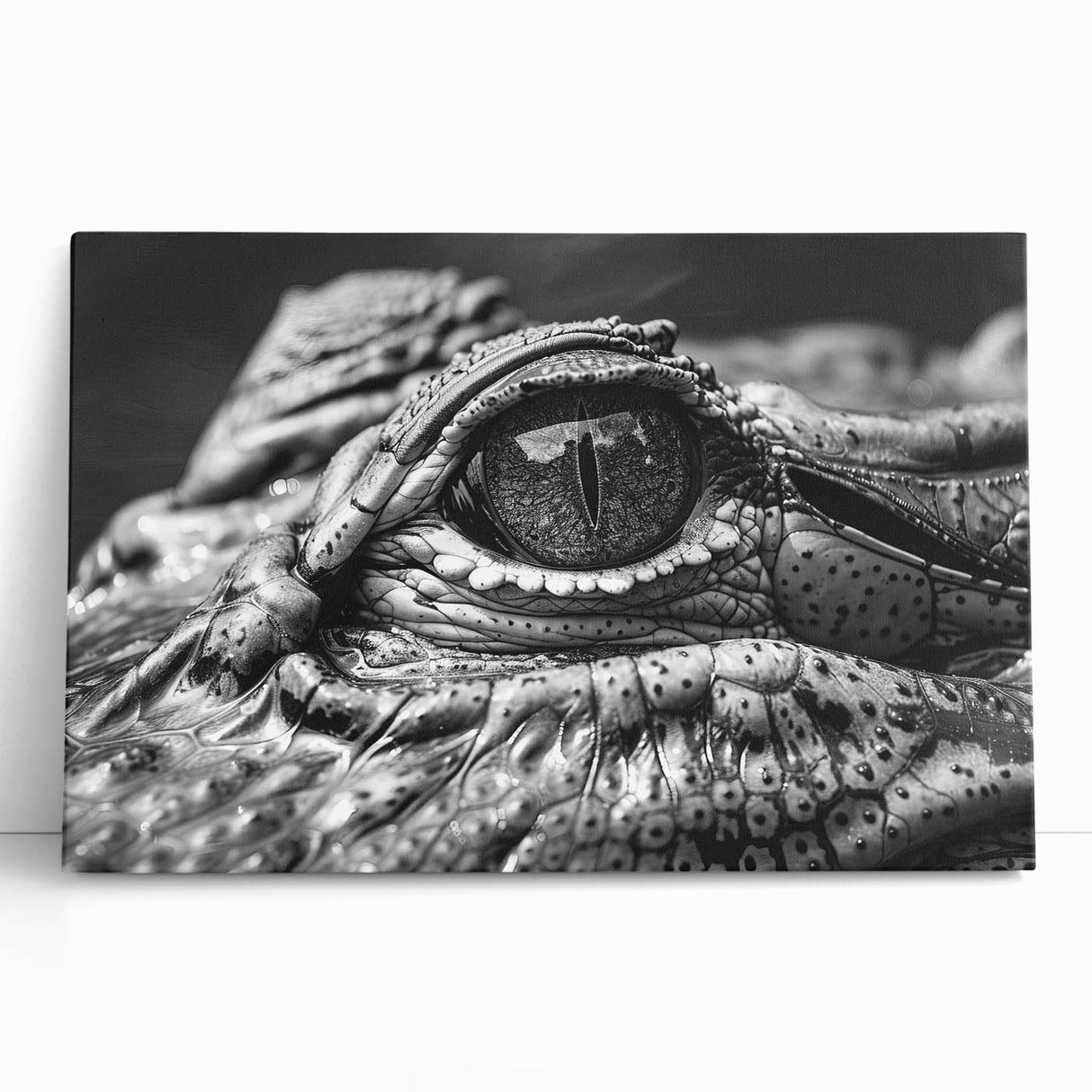 Stretched canvas wall art showcasing a vibrant design of reptiles, including alligators and crocodiles, leaning against a wooden surface, ideal for wildlife enthusiasts.