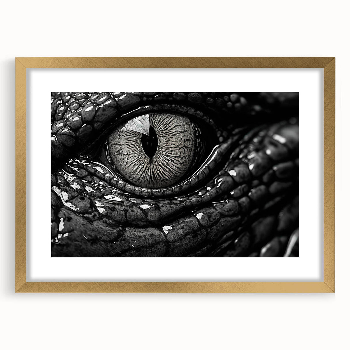 Framed wall art collection showcasing a vibrant design of reptiles, featuring alligators and crocodiles in intricate detail, presented in a gold frame with a mat. Ideal for enhancing decor in nature-themed rooms.