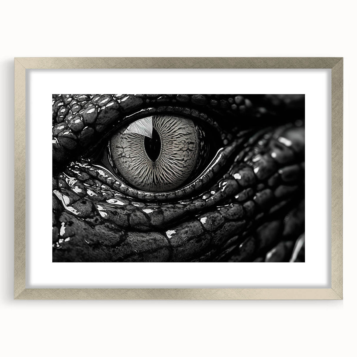 Framed wall art collection showcasing a vibrant design of reptiles, including alligators and crocodiles, with a sleek silver frame and mat. Perfect for wildlife enthusiasts.