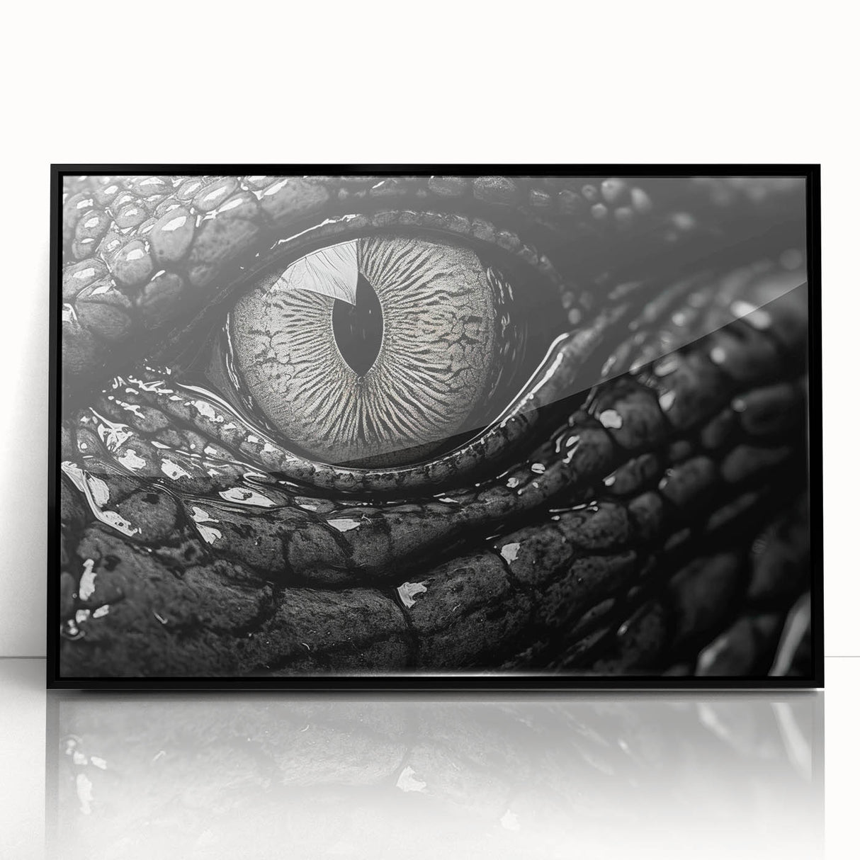 Framed wall art featuring a detailed reptile design showcasing alligators and crocodiles, set in a sleek black frame, perfect for nature enthusiasts and modern decor.