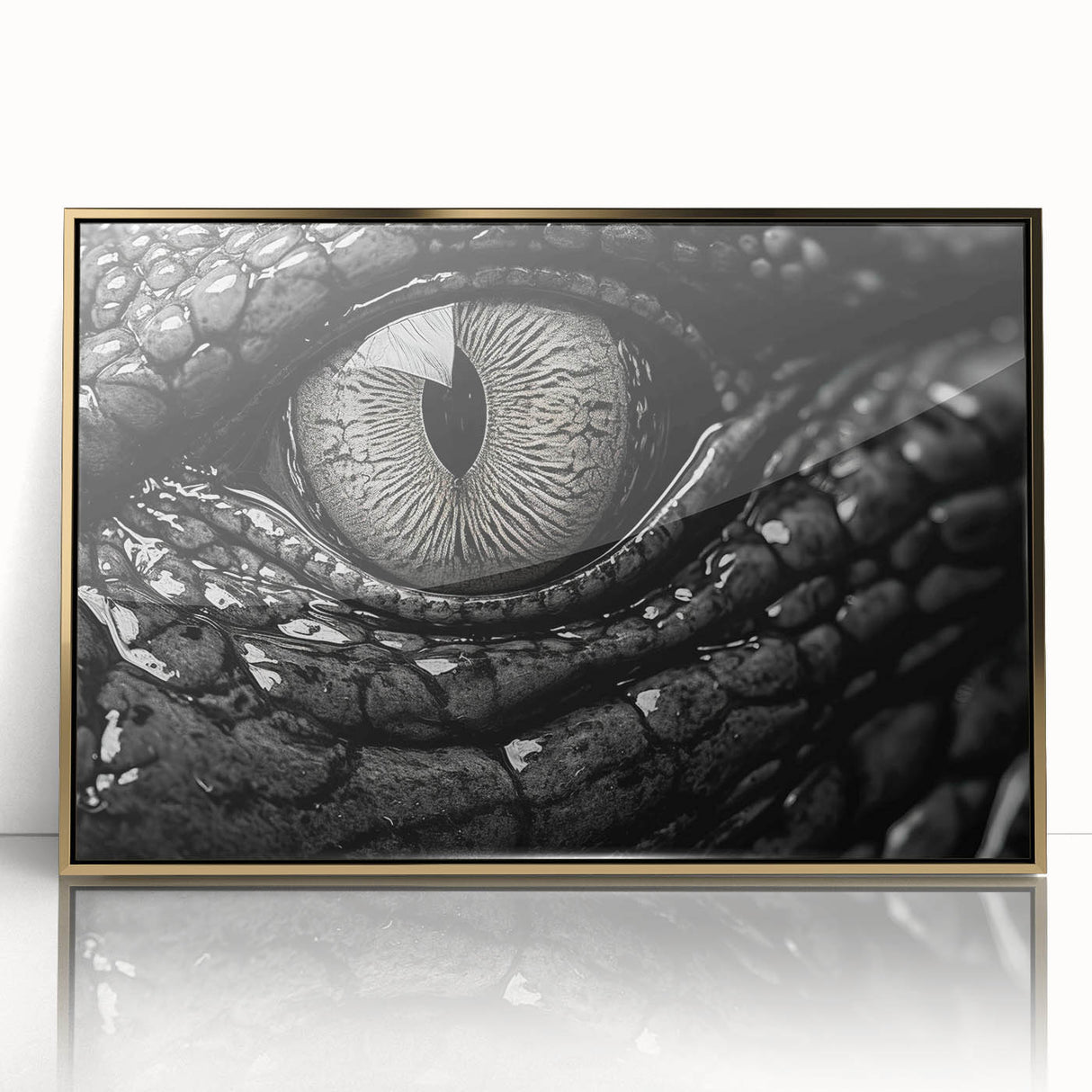 Framed wall art featuring a vibrant illustration of reptiles, including alligators and crocodiles, designed with gold accents, perfect for wildlife enthusiasts.