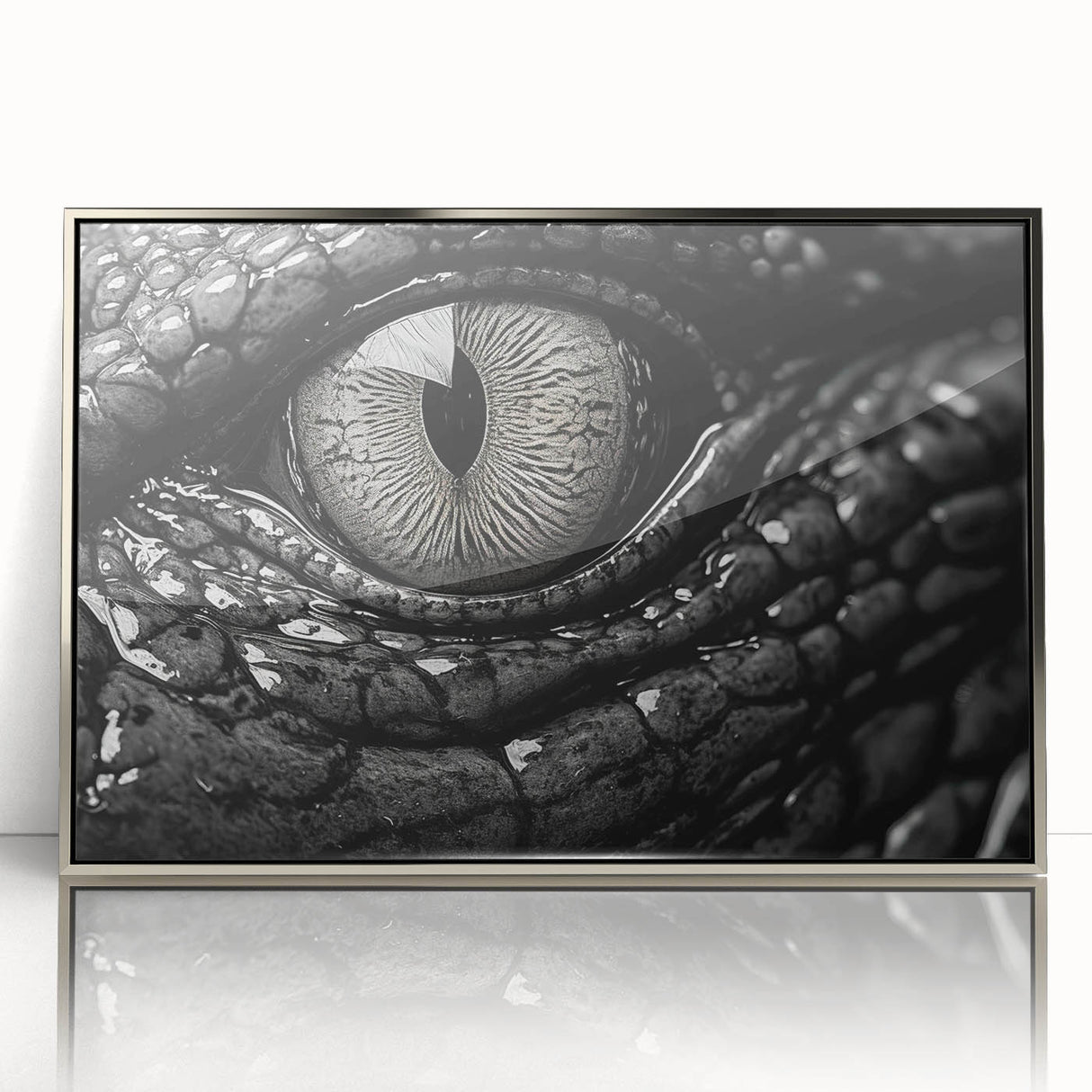 Framed wall art featuring a vibrant design of reptiles, including alligators and crocodiles, showcased in a sleek silver frame, perfect for wildlife enthusiasts.