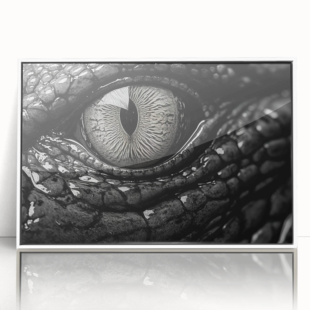 Framed acrylic wall art showcasing a vibrant design of reptiles, including alligators and crocodiles, with a sleek white frame, perfect for enhancing decor.