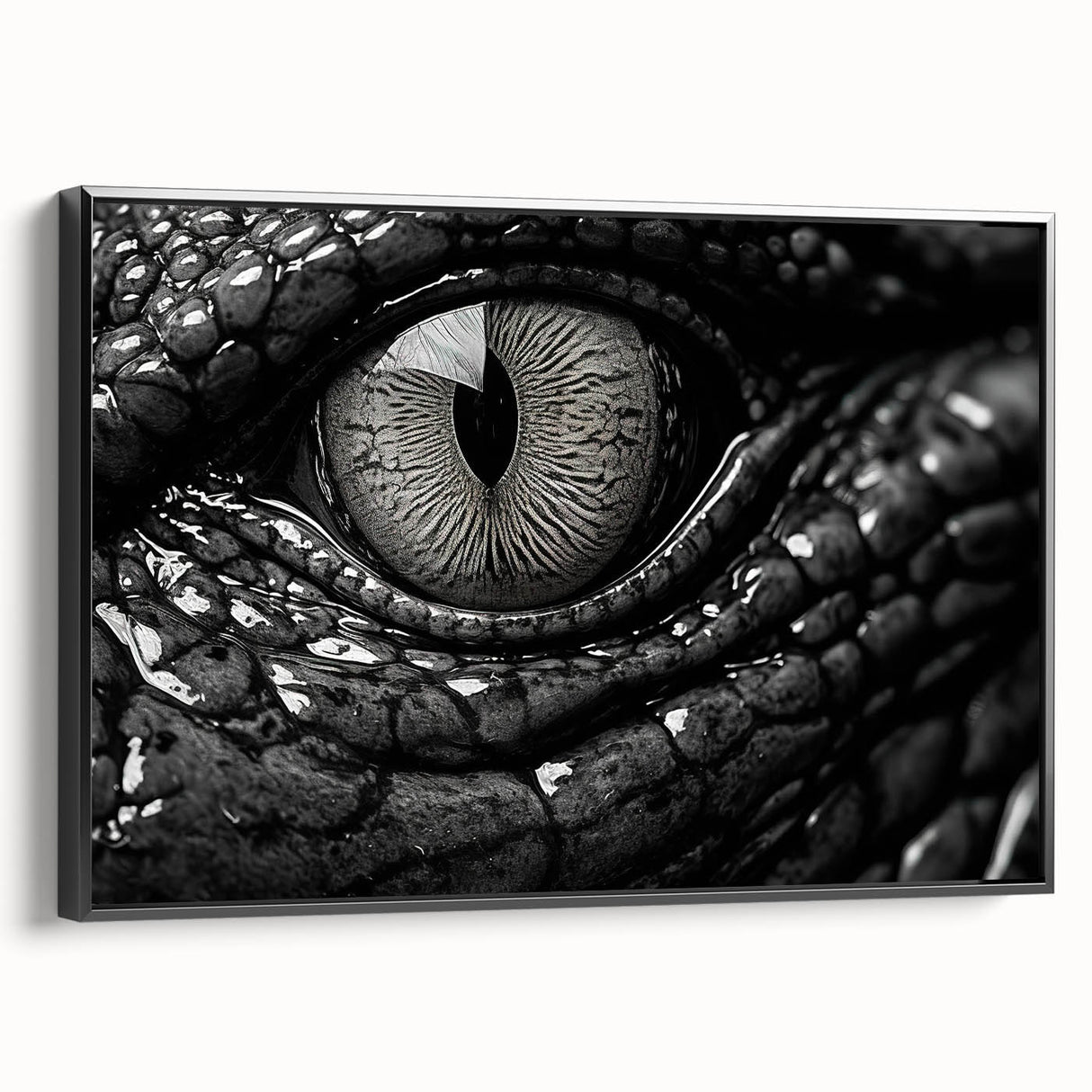 Framed canvas wall art showcasing a striking design of reptiles, including alligators and crocodiles, in vibrant colors, perfect for wildlife enthusiasts and home decor.