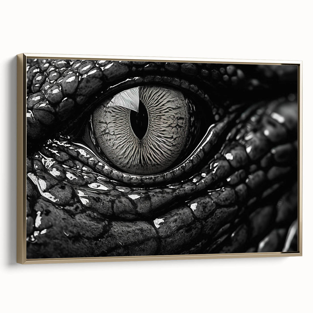 Framed canvas wall art showcasing a vibrant design of reptiles, including gators and crocodiles, with a gold frame adding elegance, ideal for nature enthusiasts.