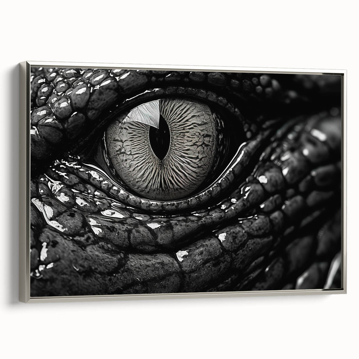 Framed wall art canvas showcasing a detailed design of reptiles, including gators and crocodiles, with a sleek silver frame, enhancing modern decor.