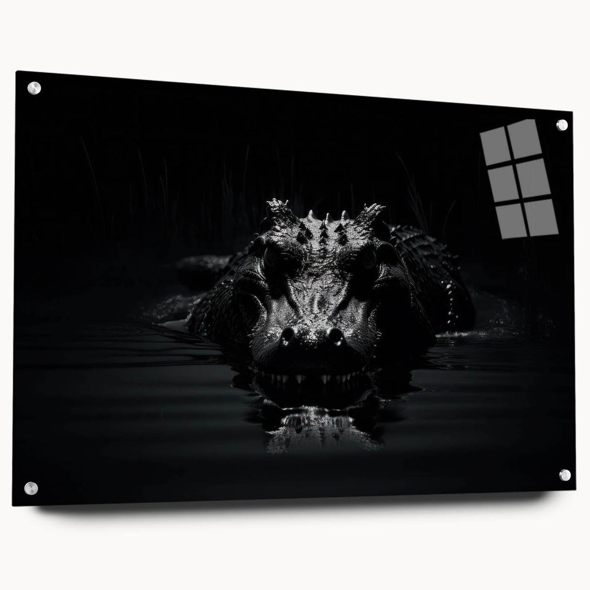 Acrylic wall art collection showcasing a vibrant design of reptiles, including alligators and crocodiles, displayed in a modern setting with decorative pins. This unique piece adds a wild touch to any decor, perfect for animal lovers and nature enthusiasts.