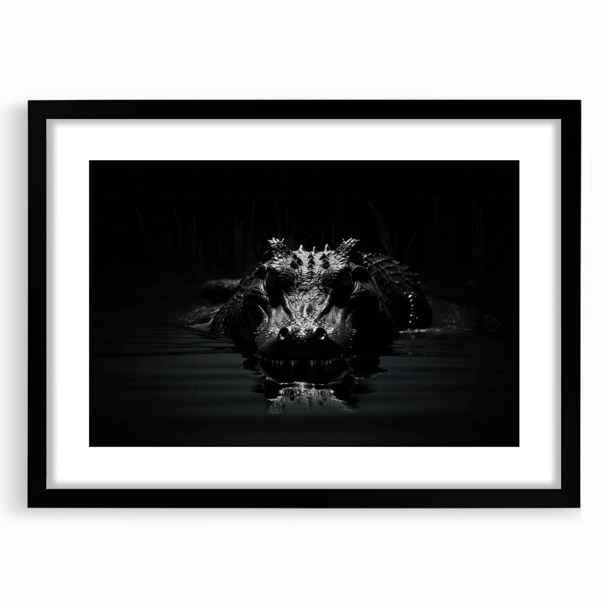 Framed wall art featuring a striking design of reptiles, including alligators and crocodiles, set against a vibrant backdrop with a sleek black frame and mat.