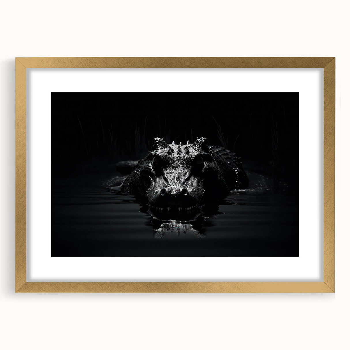 Framed wall art collection showcasing a vibrant design of reptiles, gators, and crocodiles, accented with a gold frame and white matting, perfect for nature-themed decor.