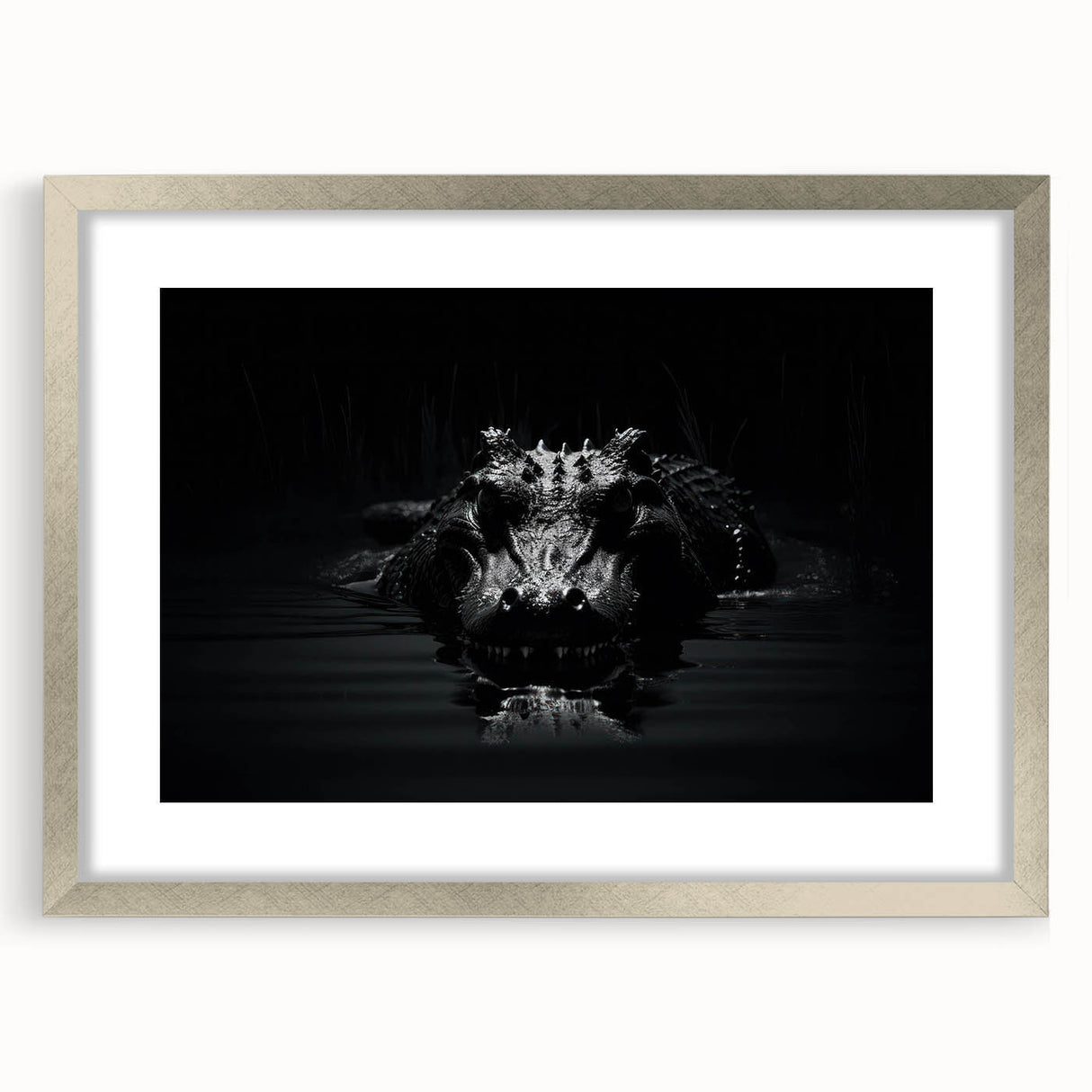 Framed wall art collection showcasing vibrant reptile designs, featuring gators and crocodiles in a sleek silver frame with a mat, ideal for nature enthusiasts.