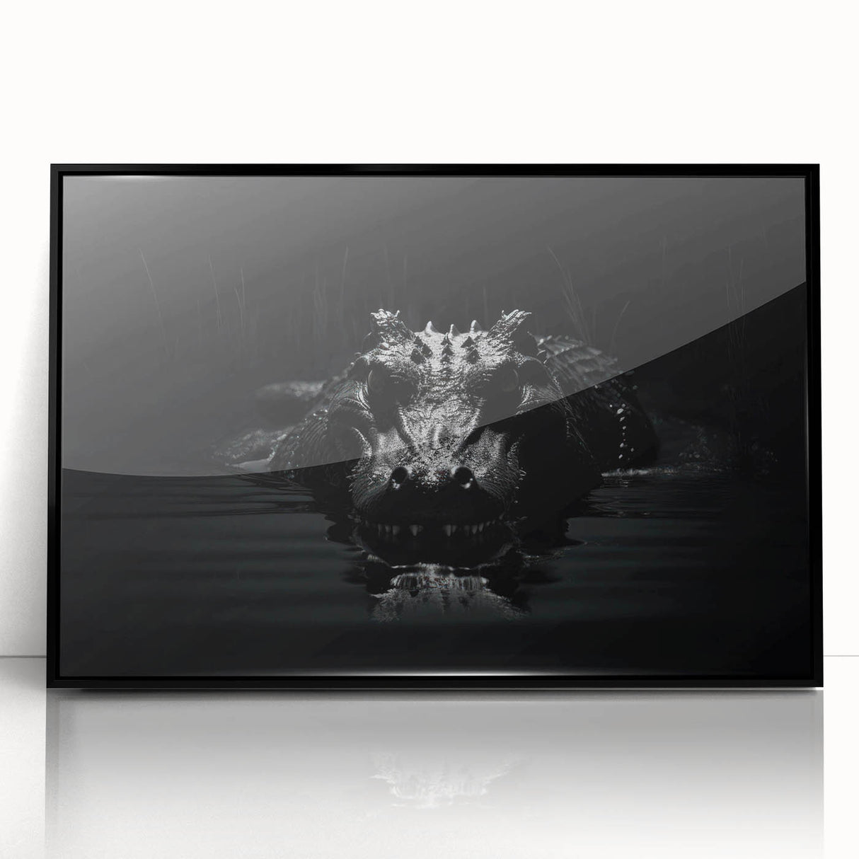 Framed wall art featuring a detailed design of reptiles, alligators, and crocodiles, showcasing vibrant colors on a black background, ideal for wildlife enthusiasts' decor.