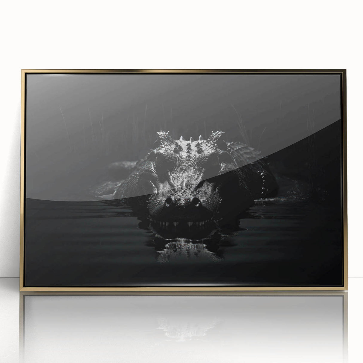 Framed wall art featuring a striking design of reptiles, including alligators and crocodiles, set in a gold-acrylic frame, perfect for wildlife enthusiasts.