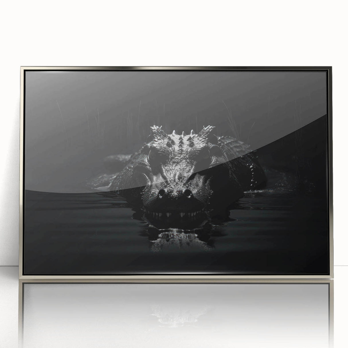 Framed acrylic wall art showcasing a vibrant design featuring reptiles, alligators, and crocodiles, with a sleek silver frame enhancing the colorful artwork.