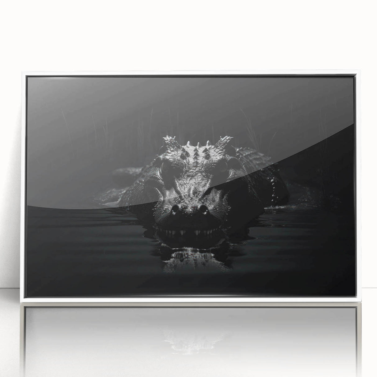 Framed wall art collection showcasing vibrant reptile-themed designs, featuring alligators and crocodiles in a striking white frame, perfect for wildlife enthusiasts.