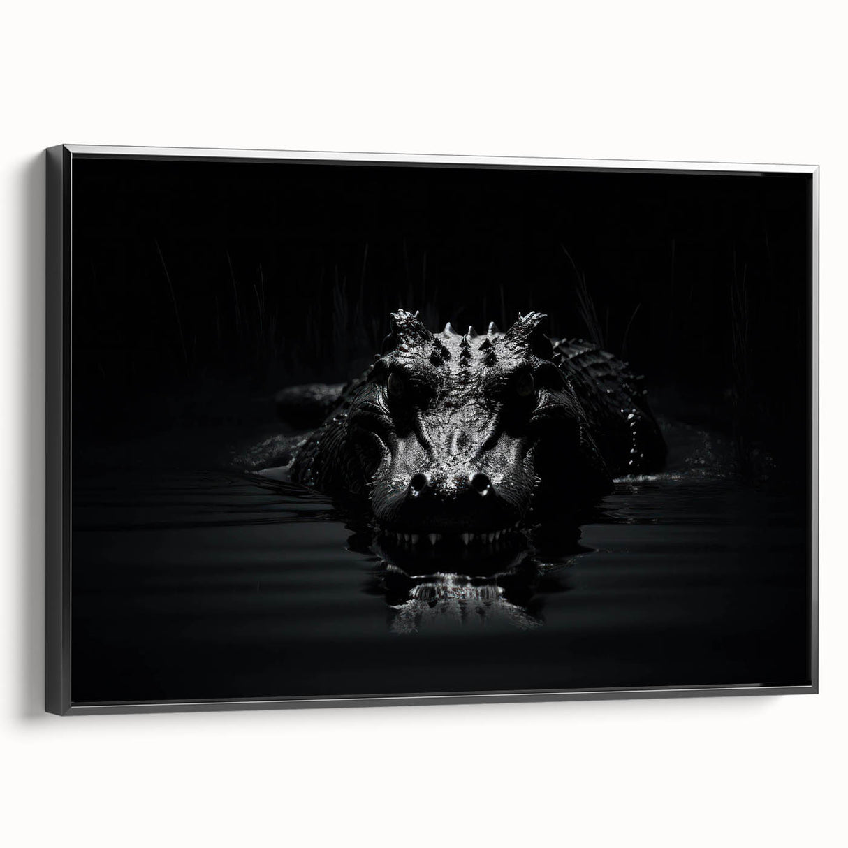 Framed canvas wall art showcasing a vibrant design of reptiles, gators, and crocodiles, featuring a black frame and side view perspective, ideal for nature enthusiasts.