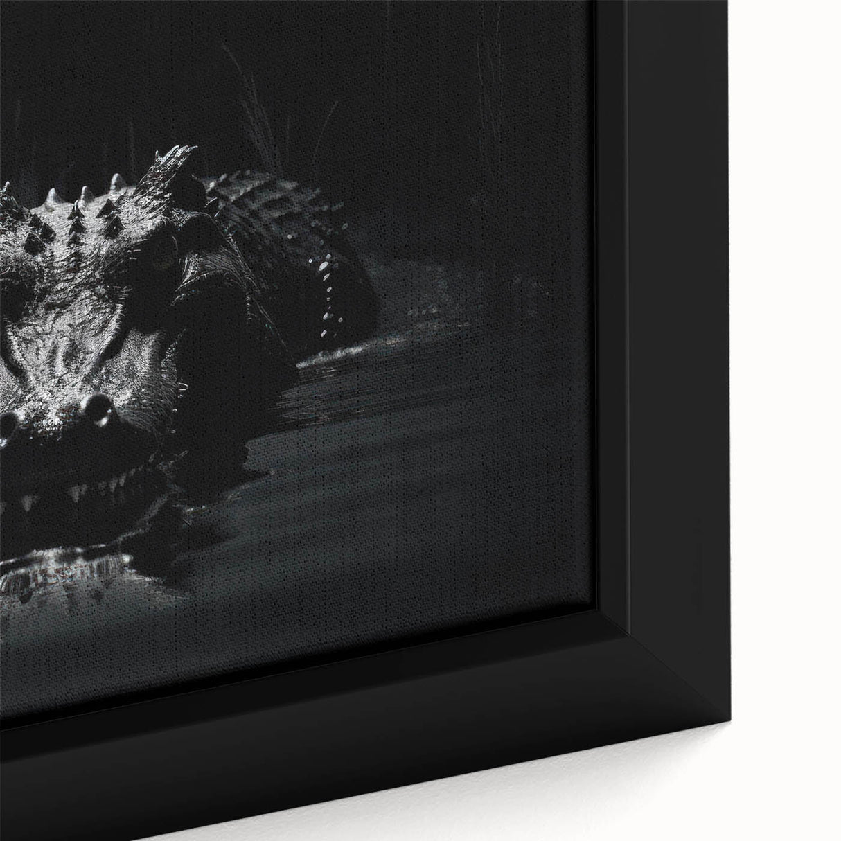 Close-up of a framed canvas wall art featuring a vibrant design of reptiles, including alligators and crocodiles, showcasing intricate details and vivid colors, ideal for wildlife enthusiasts.