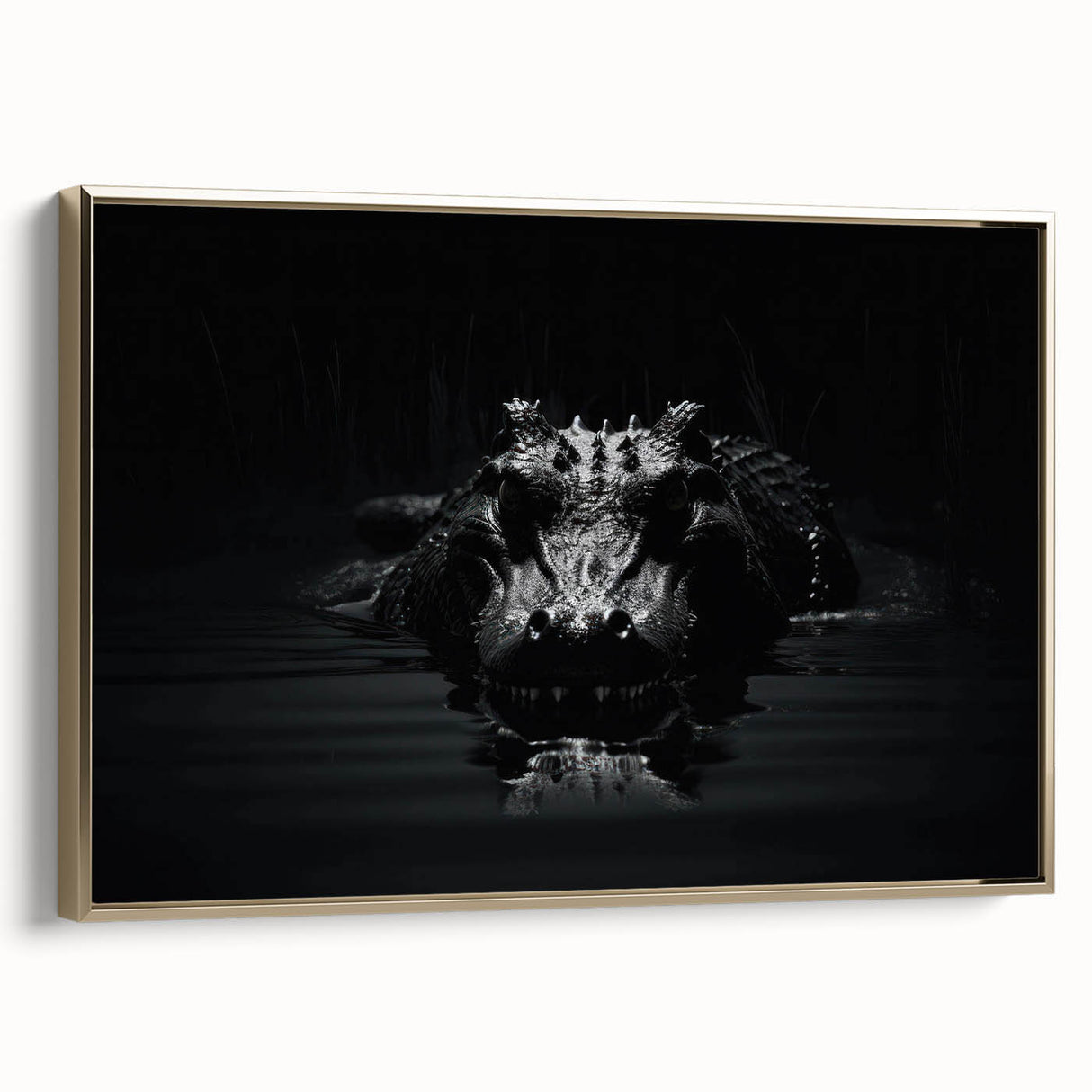Framed wall art showcasing a vibrant design of reptiles, alligators, and crocodiles with a gold frame, perfect for enhancing contemporary decor.