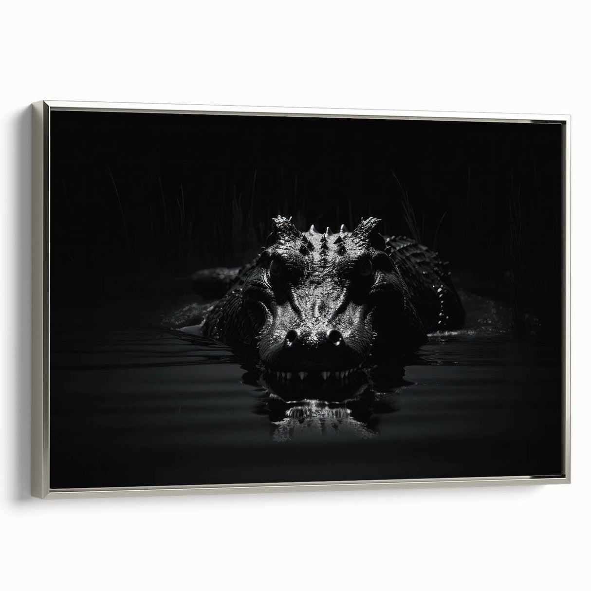 Framed canvas wall art showcasing a vibrant reptile design featuring alligators and crocodiles, presented in a sleek silver frame, perfect for nature enthusiasts.