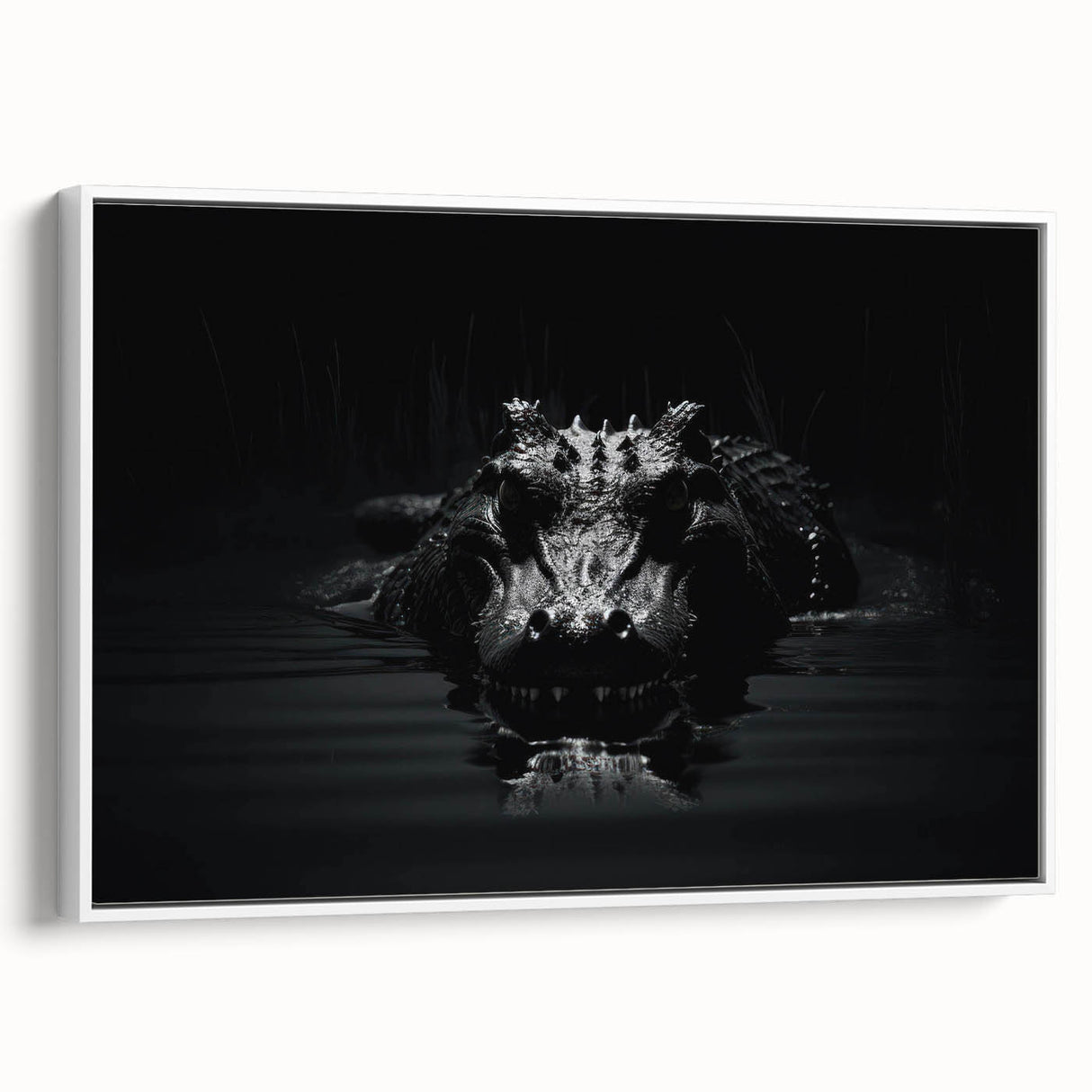 Framed wall art featuring a vibrant reptile design showcasing alligators and crocodiles in a stunning white frame, perfect for nature-inspired decor.