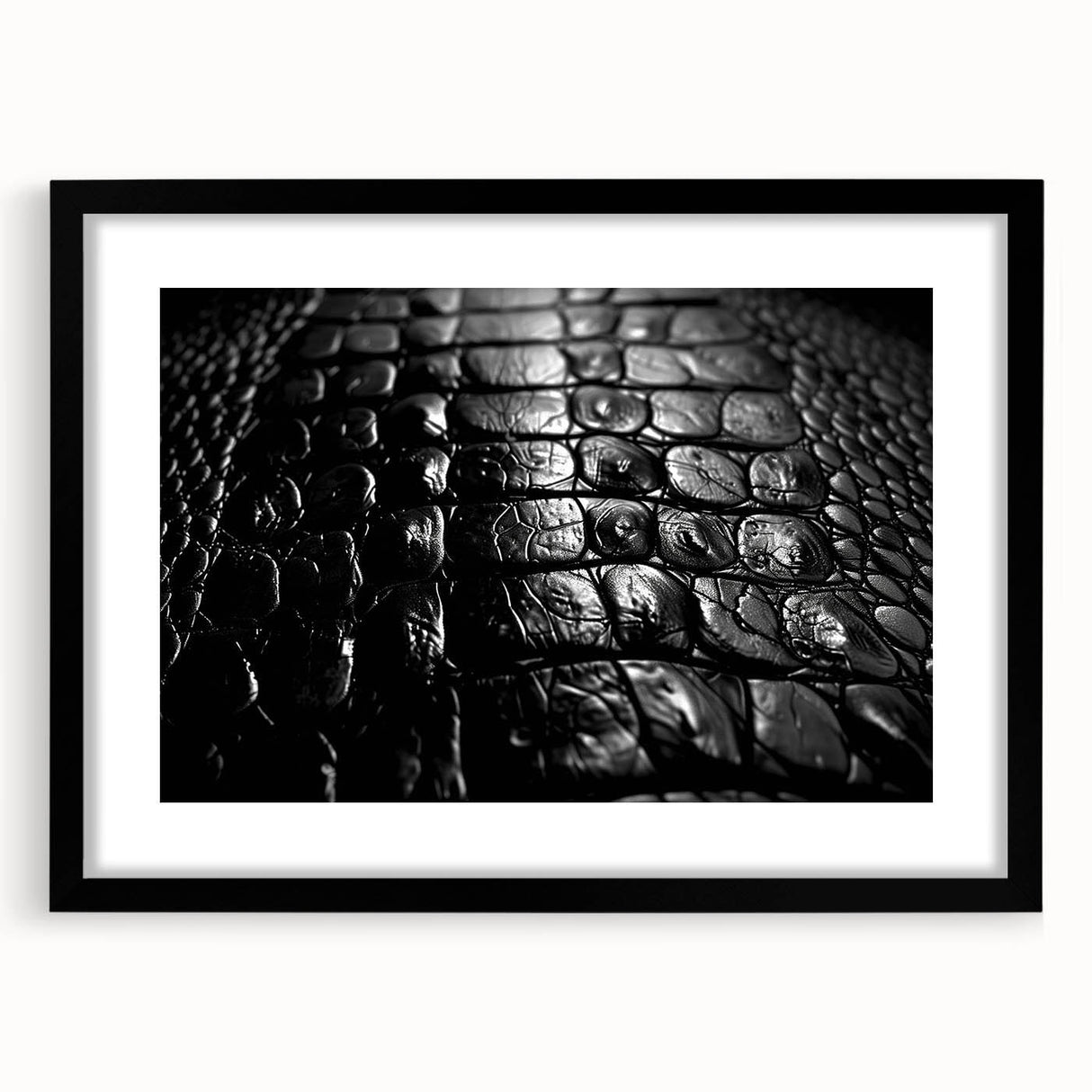 Black-framed wall art showcasing a vibrant collection of reptile-themed designs, including alligators and crocodiles, ideal for nature enthusiasts and modern decor.