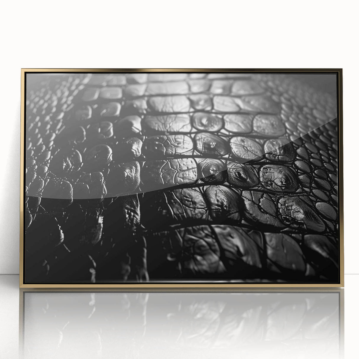Framed wall art featuring a striking design of reptiles, including gators and crocodiles, with a gold-accented acrylic finish, perfect for nature enthusiasts.