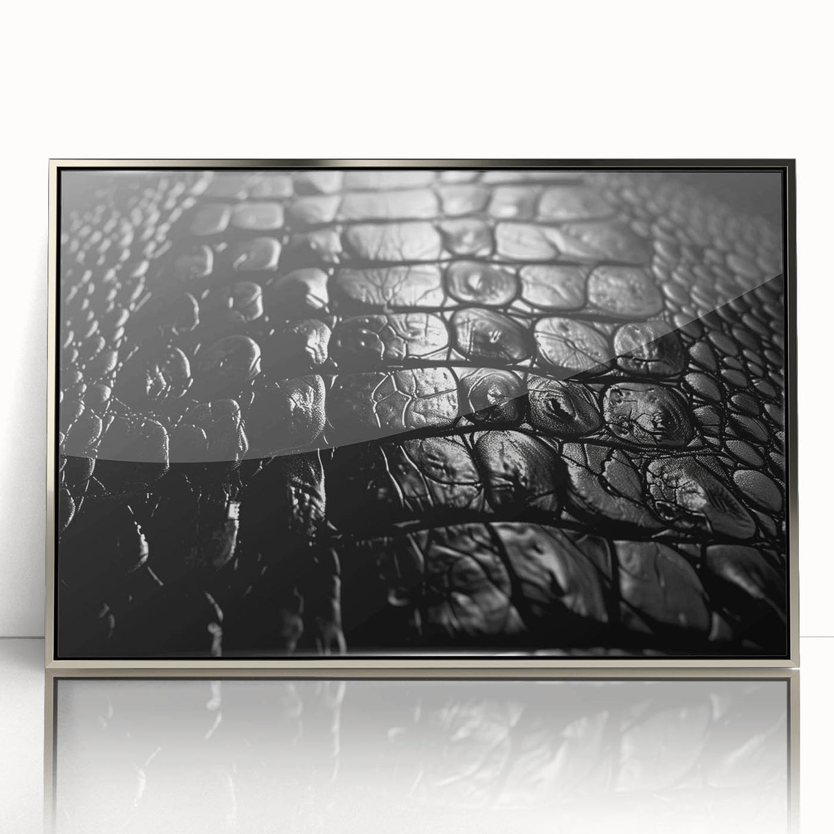 Framed wall art collection featuring a striking design of reptiles, including gators and crocodiles, displayed in a sleek silver frame, perfect for nature-inspired decor.