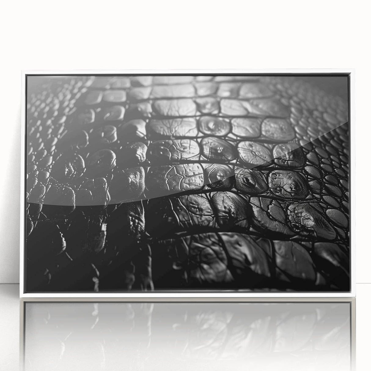 Framed acrylic wall art collection featuring vibrant reptile designs of gators and crocodiles, set against a white background for a modern decor touch.