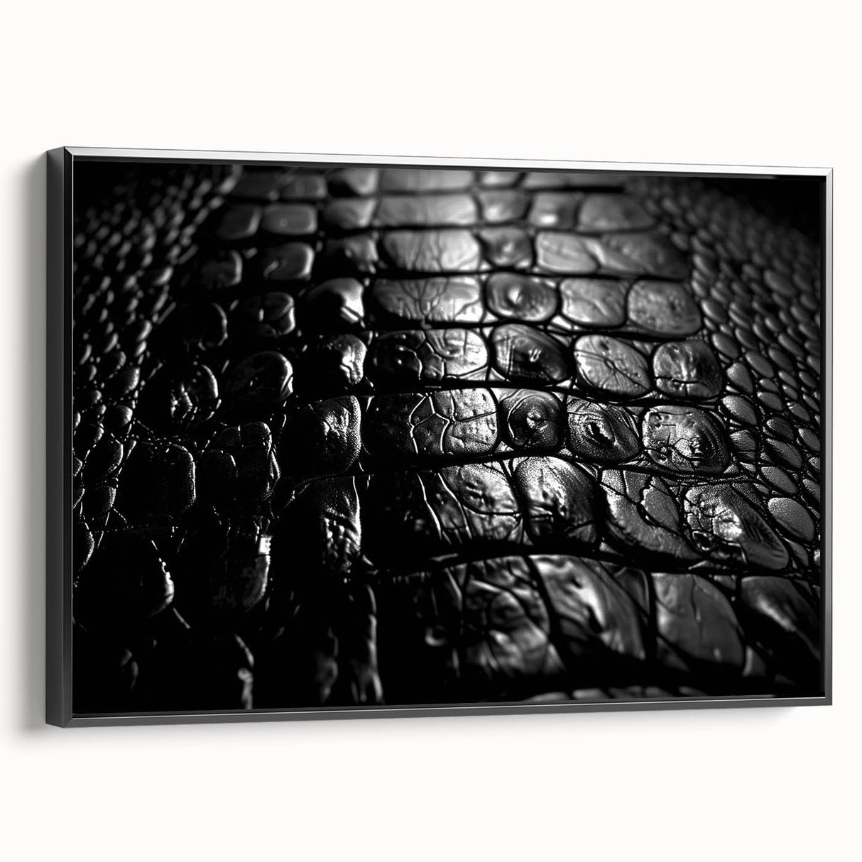 Framed canvas wall art showcasing a striking design of reptiles, featuring alligators and crocodiles in vibrant colors against a black background, perfect for wildlife enthusiasts.