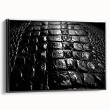 Framed canvas wall art showcasing a striking design of reptiles, featuring alligators and crocodiles in vibrant colors against a black background, perfect for wildlife enthusiasts.